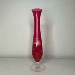 Sold - Antique Vintage Cranberry Floral Etched Glass Vase